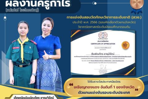 เด็กหญิง พิมพ์ณภัทร ชาญวิรัตน์ คว้ารางวัลประกาศนียบัตรเหรียญทองแดง(รอบคัดเลือกตัวแทนจังหวัด)