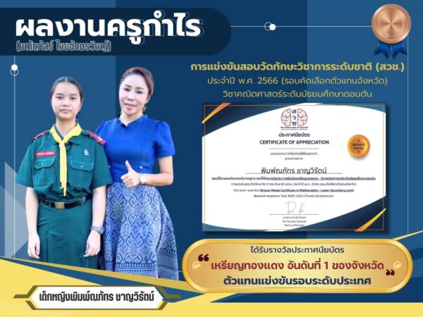 เด็กหญิง พิมพ์ณภัทร ชาญวิรัตน์ คว้ารางวัลประกาศนียบัตรเหรียญทองแดง(รอบคัดเลือกตัวแทนจังหวัด)